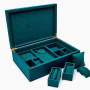 Effy Signature Jewelry Box with 7-piece removable inserts in teal velvet features organized compartments, removable trays, a pillow, and a round section. Open the box to display versatile storage options, with the ESPY brand name elegantly embossed inside the lid.