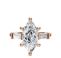 The 18K Rose Gold 3-Stone Baguette East/West Side Stones 0.125TCW Engagement Ring features a marquise-cut center and baguette side diamonds on a rose gold band, shown against a plain white background.