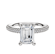 The Platinum 4 Prong Basket Classic Dome 3-Row-Pave 2.0mm Engagement Ring features a center stone in a four-prong setting, with a band adorned with three rows of pave-set diamonds, shown against a plain white background.