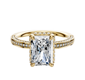 The 18K Yellow Gold 4 Prong Collar Classic Flat 3-Row-Pave 2.0mm Engagement Ring features a prominent rectangular gemstone in the center, accented by rows of pavé diamonds along the band and around the centerpiece, displayed on a white background.