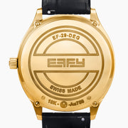 The 41MM Swiss Made 18K Yellow Gold Signature Panther Watch features a diamond bezel, black leather strap, and jeweled panther dial with black spots, green eyes, and a blue-and-gold accented subdial.