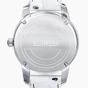 The 38MM Swiss Made Stainless Steel Watch by Effy features a white leather strap, diamond-set bezel, and a dial adorned with concentric rings of rainbow sapphires and spinel for a vibrant, luxurious look.
