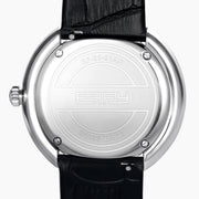 The 39MM Swiss Made Stainless Steel Signature Panther Watch with Diamonds features a black leather strap, diamond-encrusted bezel, and a dial adorned with a detailed panther head crafted from black and colored gemstones.