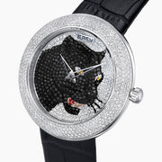 The 39MM Swiss Made Stainless Steel Signature Panther Watch with Diamonds features a black leather strap, diamond-encrusted bezel, and a dial adorned with a detailed panther head crafted from black and colored gemstones.