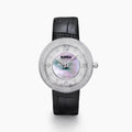 The 39MM Swiss Made Stainless Steel Watch with Diamonds showcases a round diamond-encrusted bezel, mother-of-pearl dial with silver numerals, and a black leather strap, elegantly set against a plain white background.