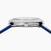 The 39MM Swiss Made Stainless Steel Turtle Watch features diamonds, sapphires, and tsavorite. It has a blue strap and dial, jeweled turtle motif in green and white stones, a diamond-encrusted silver bezel, and EFFY branding on the face.
