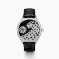 The 41MM Swiss Made Stainless Steel Signature Panther Watch with Diamonds features a jeweled panther design with black spots, emerald eyes, and a diamond-studded face, displaying the time in a small subdial.