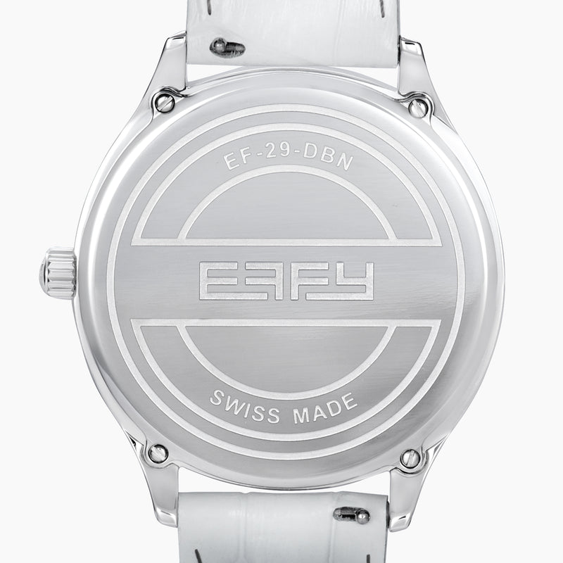 The 41MM Swiss Made Stainless Steel Signature Panther Watch with Diamonds features a jeweled panther dial, white leather strap, subdial for time, and iridescent background—an eye-catching statement of luxury.