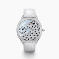 The 41MM Swiss Made Stainless Steel Signature Panther Watch with Diamonds features a jeweled panther dial, white leather strap, subdial for time, and iridescent background—an eye-catching statement of luxury.