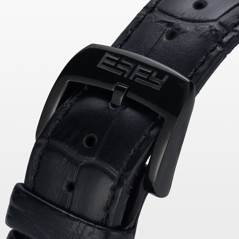The 41MM Swiss Made Black PVD Dragon Watch features a black PVD stainless steel case, diamond accents, Swiss movement, a detailed gold dragon on the dial, and a sleek black background with a black leather strap.