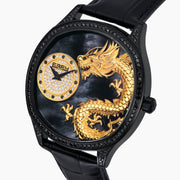The 41MM Swiss Made Black PVD Dragon Watch features a black PVD stainless steel case, diamond accents, Swiss movement, a detailed gold dragon on the dial, and a sleek black background with a black leather strap.