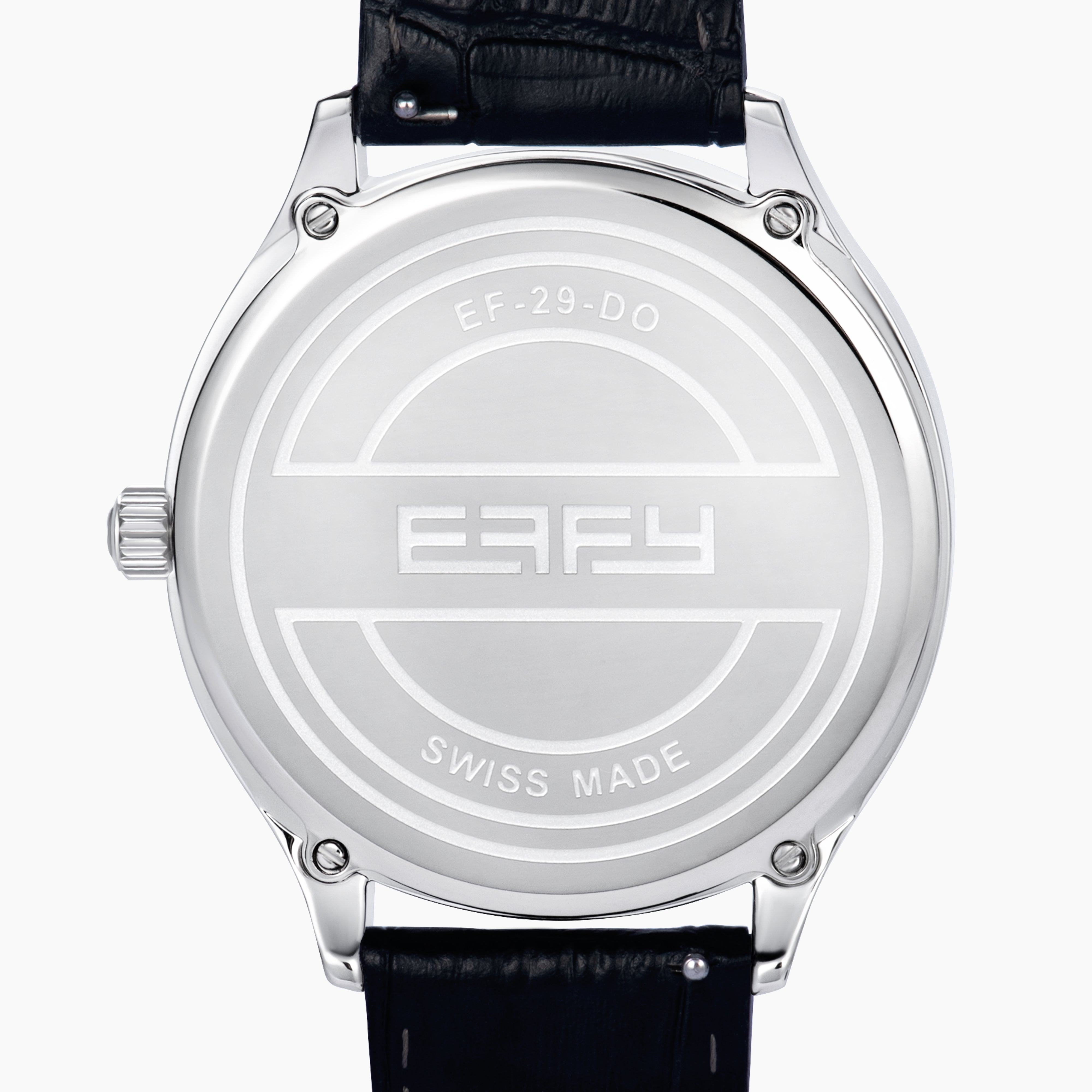 The 41MM Swiss Made Stainless Steel Peacock Watch features diamonds, sapphires, a black leather strap, and a jeweled peacock design with multicolored gemstones and a small round time display on the left side.