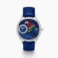 The 41MM Swiss Made Stainless Steel Parrot Watch features a jeweled parrot dial, diamond accents, blue leather strap, and elegant case with emeralds and sapphires—an exquisite statement of luxury and craftsmanship.