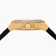 The EARFY 38MM Swiss Made 18K Yellow Gold Automatic Watch features a hexagonal case, black dial with diamond hour markers, black rubber strap, and double row of diamonds outlining the face. Brand name displayed on the dial.