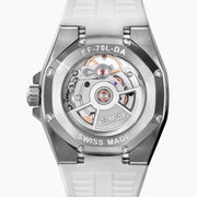 The 38MM Swiss Made Stainless Steel Automatic Watch features a white strap, silver bezel, rainbow gemstones around the face, a white dial with silver hands, colorful hour markers, and EARLY branding at the top.
