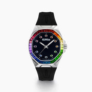 The 42MM Swiss Made Stainless Steel Automatic Watch features a black strap, silver case, black dial, rainbow gemstones on the bezel and hour markers, silver hands, and the EALEY logo in white at the top.