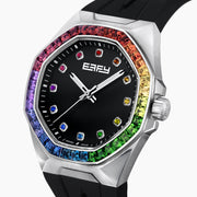 The 42MM Swiss Made Stainless Steel Automatic Watch features a black strap, silver case, black dial, rainbow gemstones on the bezel and hour markers, silver hands, and the EALEY logo in white at the top.