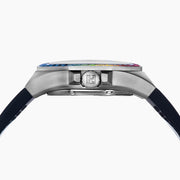 The 42MM Swiss Made Stainless Steel Automatic Watch features a black strap, silver case, black dial, rainbow gemstones on the bezel and hour markers, silver hands, and the EALEY logo in white at the top.