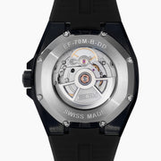The 42MM Swiss Made Stainless Steel with Black PVD Signature Panther Automatic Watch with Black Diamonds features a geometric bezel, black strap, striking panther motif dial, green-tipped hands, and BAFY branding below 12 o’clock.