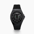 The 42MM Swiss Made Stainless Steel with Black PVD Signature Panther Automatic Watch with Black Diamonds features a geometric bezel, black strap, striking panther motif dial, green-tipped hands, and BAFY branding below 12 o’clock.