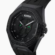 The 42MM Swiss Made Stainless Steel with Black PVD Signature Panther Automatic Watch with Black Diamonds features a geometric bezel, black strap, striking panther motif dial, green-tipped hands, and BAFY branding below 12 o’clock.