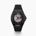 The 42MM Swiss Made Stainless Steel with Black PVD Automatic Skeleton Watch features a skeleton dial, black rubber strap, hexagonal case, and the white BEFY logo at the top against a plain white background.