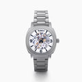 The 41MM Swiss Made Stainless Steel Automatic Skeleton Watch features a silver metal band, white face, black hour markers, and an open skeleton dial displaying inner gears. "ESPY" is printed below the 12 o’clock position.