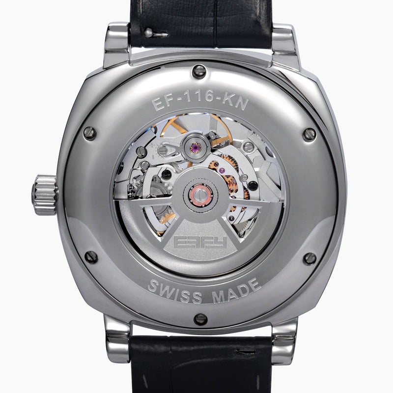 The 41MM Swiss Made Stainless Steel and Leather Automatic Skeleton Watch features a black leather strap, silver case, black skeleton dial, and white hour markers with numerals at 3, 6, and 9 to showcase Swiss precision craftsmanship.