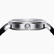 The 41MM Swiss Made Stainless Steel and Leather Automatic Skeleton Watch features a black leather strap, silver case, black skeleton dial, and white hour markers with numerals at 3, 6, and 9 to showcase Swiss precision craftsmanship.