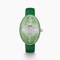 The 28MM Swiss Made Stainless Steel Cocktail Watch features an elegant oval face set with tsavorite and diamonds, silver hour markers and hands, a green textured leather strap, and the EARY brand on the dial.