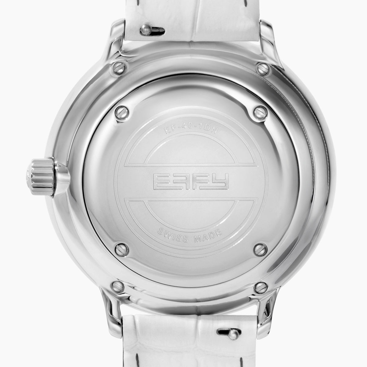 The 38MM Swiss Made Stainless Steel Rainbow Spinning Butterfly Watch features a pavé diamond face, rainbow gemstone bezel, white strap, and a butterfly adorned with blue and green gemstones at the bottom of the dial.