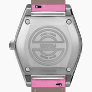 The 36MM Pink Swiss Made Titanium Watch with Diamonds features a faceted silver titanium case, a pink dial adorned with diamond hour markers, and a pink leather strap, elegantly displayed on a white background.