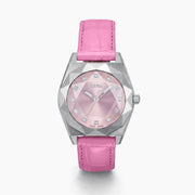 The 36MM Pink Swiss Made Titanium Watch with Diamonds features a faceted silver titanium case, a pink dial adorned with diamond hour markers, and a pink leather strap, elegantly displayed on a white background.