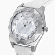 Experience the elegance of the 36MM White Dial Swiss Made Titanium Watch with Diamonds, showcasing a faceted silver titanium case, white mother-of-pearl dial adorned with sparkling diamond hour markers, and a pristine white leather strap—all beautifully presented against a plain white background.