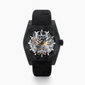 Experience the exceptional craftsmanship of Swiss made watches with the 42MM Swiss Made Black PVD Titanium and Silicone Automatic Skeleton Watch, featuring a geometric-patterned black titanium case, a transparent skeleton dial showcasing intricate inner gears, and a sleek black silicone strap—all elegantly presented against a white background.