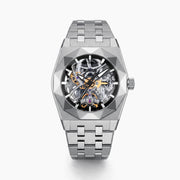 A 42MM Swiss made titanium automatic skeleton watch featuring a geometric bezel that reveals intricate gears and movements beneath the dial, complemented by a metal link bracelet.