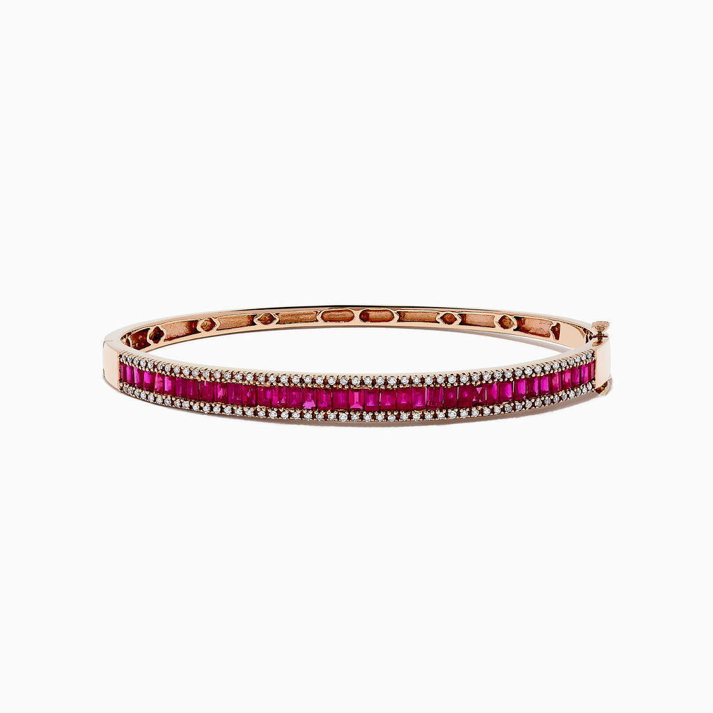 The Ruby Royale 14K Rose Gold Ruby and Diamond Bangle, 3.93 TCW, features a central row of rectangular red rubies flanked by two rows of sparkling diamonds, shown on a white background.