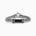 The Men's 925 Sterling Silver Braided Chain Onyx Bracelet 5.0 TCW features a braided silver band with a rectangular black onyx centerpiece, decorative metal accents, and a round clasp, shown on a white background.