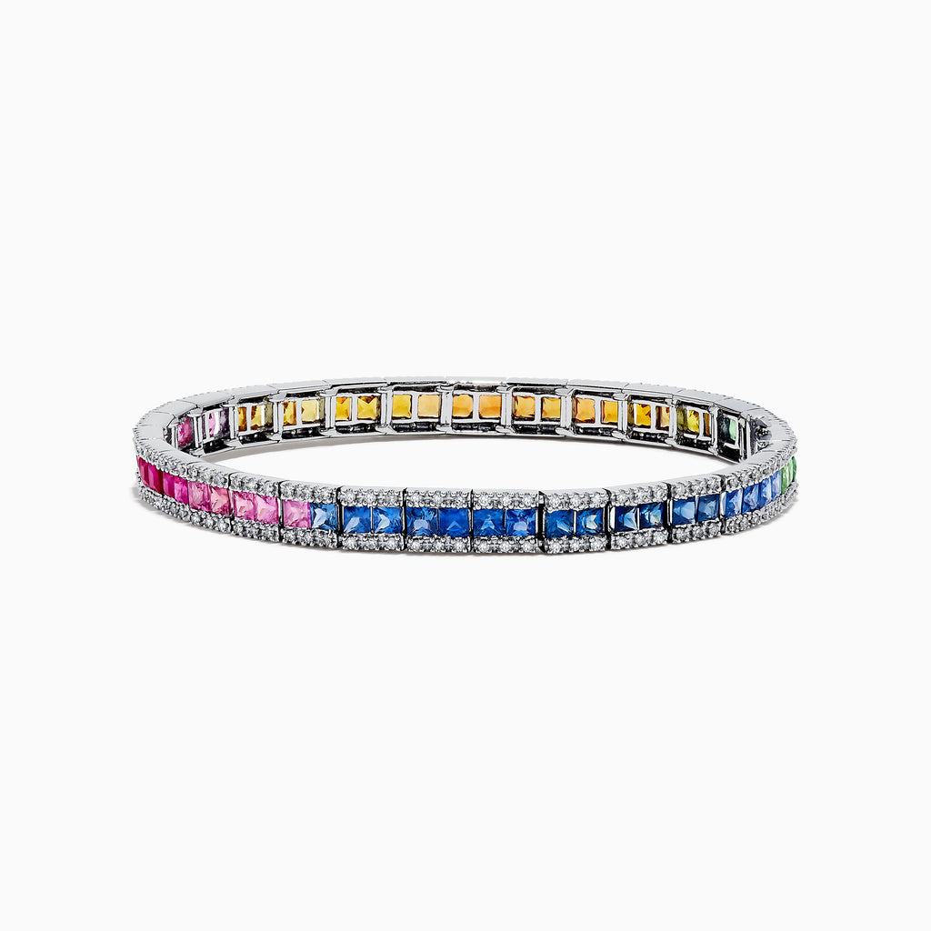The Watercolors 14K White Gold Multi Sapphire & Diamond Bracelet, 9.16 TCW, showcases a single row of square-cut sapphires in a rainbow gradient set in white gold, accented with diamonds for extra brilliance.