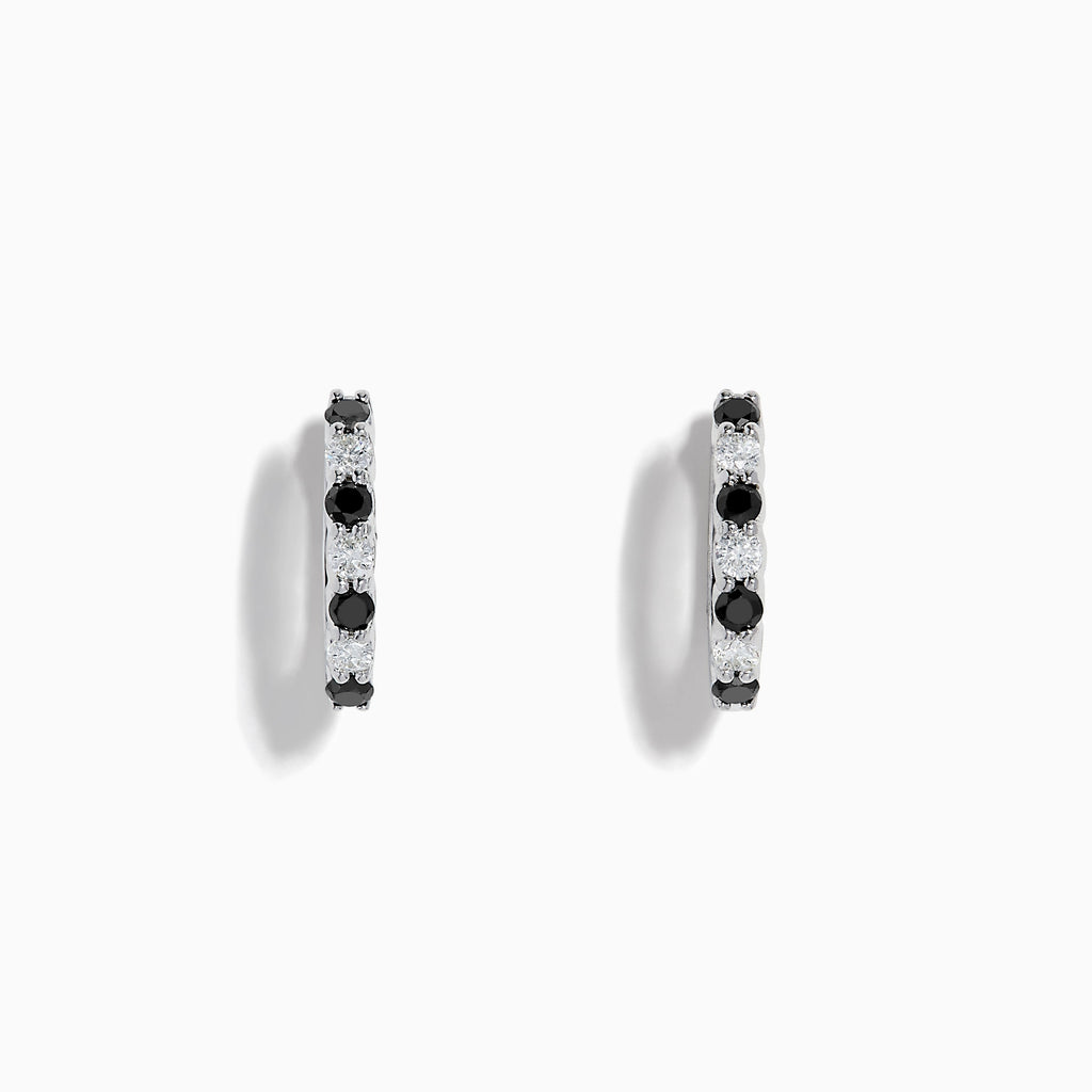 14K White Gold Black and White Diamond Alternating Huggie Earrings