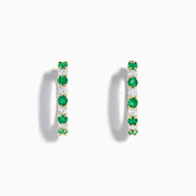 A pair of 14K Yellow Gold Emerald & Diamond Hoop Earrings, 1.35 TCW, featuring alternating round emeralds and diamonds, displayed on a white background.
