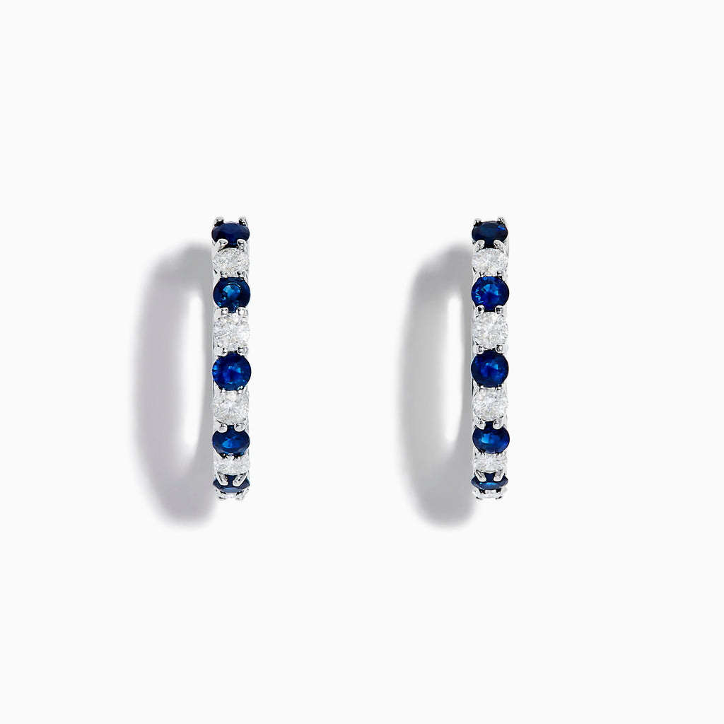 14K White Gold Blue Sapphire & Diamond Hoop Earrings, 1.35 TCW, featuring alternating sapphires and diamonds in a classic hoop design, shown against a white background with soft shadows.
