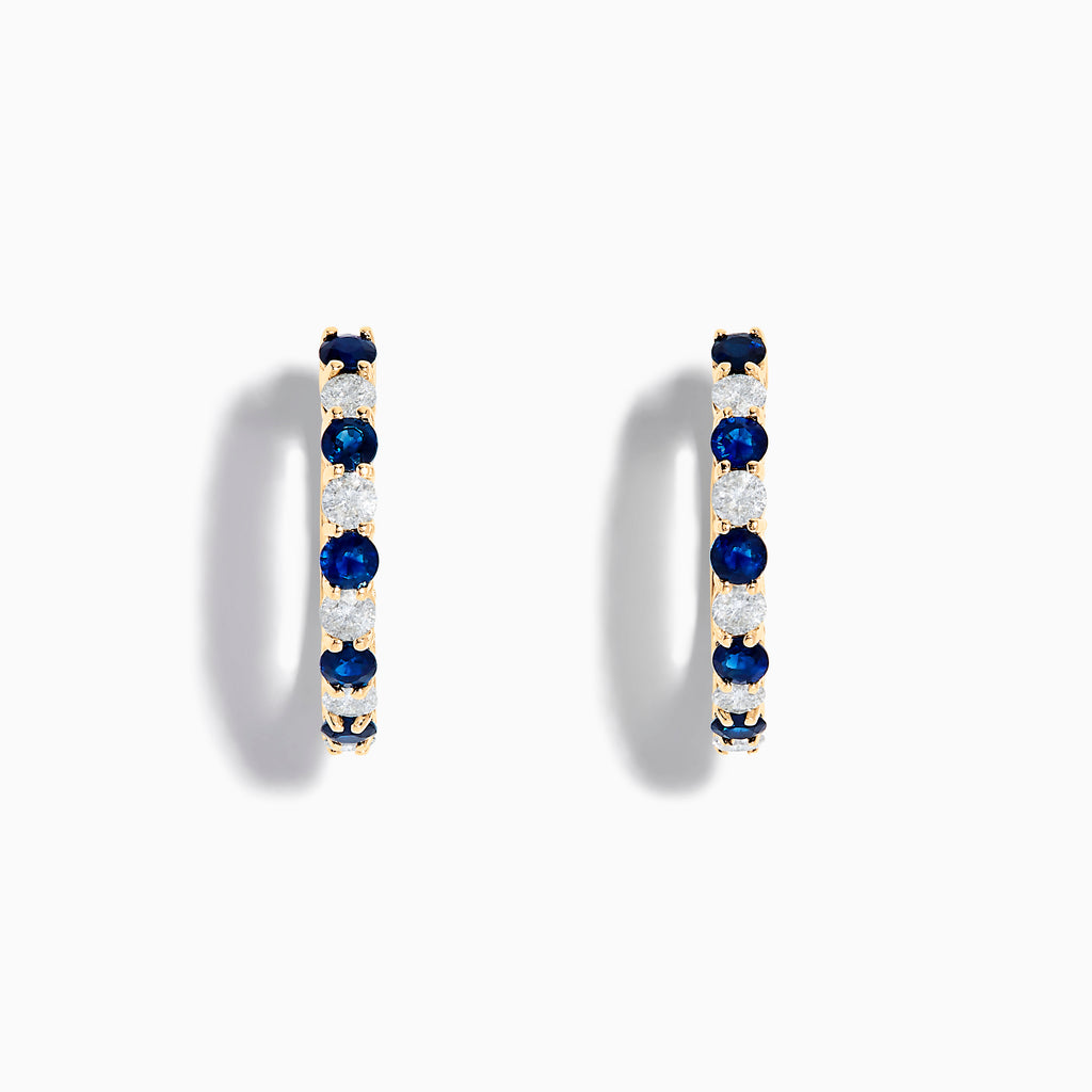 14K Yellow Gold Blue Sapphire & Diamond Hoop Earrings, 1.35 TCW, featuring alternating round blue sapphires and clear diamonds, shown against a plain white background.