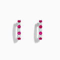 A pair of 14K White Gold Ruby & Diamond Hoop Earrings, 1.10 TCW, featuring alternating round red rubies and clear diamonds, displayed on a white background with each earring casting a soft shadow.