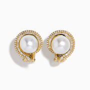 The 14K Yellow Gold Cultured Pearl and Diamond Stud Earrings showcase large round cultured pearls at the center, encircled by a double halo of sparkling diamonds, all displayed against a white background.