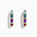 The Mosaic 14K Yellow Gold Multi Color Gemstone and Diamond Earrings feature rectangular blue, purple, and red stones separated by small diamonds, displayed against a white background.