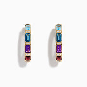 The Mosaic 14K Yellow Gold Multi Color Gemstone and Diamond Earrings feature rectangular blue, purple, and red stones separated by small diamonds, displayed against a white background.