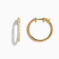 The 14K Yellow Gold 3/4 Diamond Hoop Earrings (0.74 TCW) are shown against a white background—one from the side, one from the front—to showcase their sparkling white diamonds and dazzling brilliance.