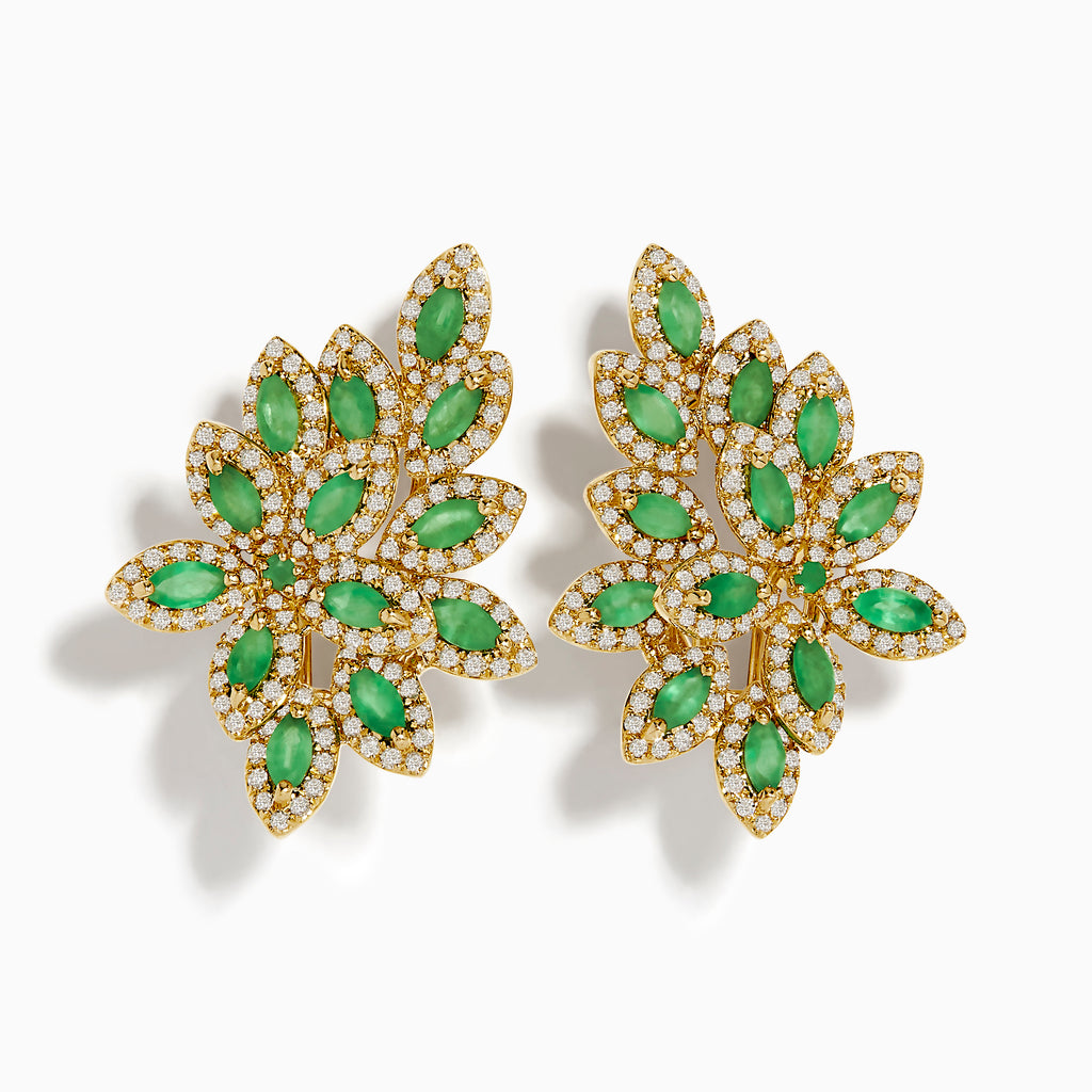 Make a statement with these ornate 14K Yellow Gold French Clip Emerald and Diamond Earrings (2.95 TCW), featuring a floral design with marquise emeralds and sparkling diamonds arranged in a symmetrical pattern.