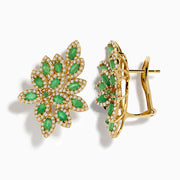 Make a statement with these ornate 14K Yellow Gold French Clip Emerald and Diamond Earrings (2.95 TCW), featuring a floral design with marquise emeralds and sparkling diamonds arranged in a symmetrical pattern.